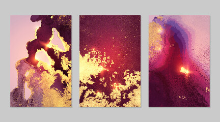 Marble set of gold and purple backgrounds with texture. Geode pattern with glitter. Abstract vector backdrops in fluid art alcohol ink technique. Modern paint with sparkles for banner, poster