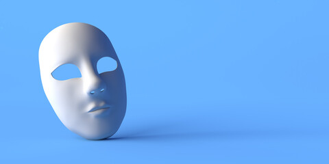 Expressionless theater mask on blue background. Copy space. 3D illustration.
