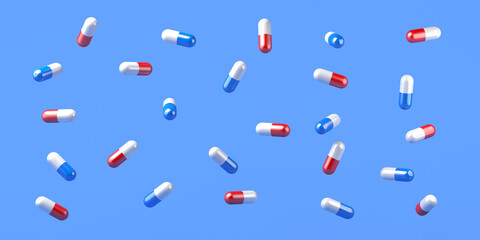 Floating tablets and capsules. Health care concept. Copy space. 3D illustration.