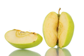 One ripe sweet cut apple, close-up, isolated on white.