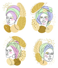 Collection. Silhouettes of the girl's head. Lady in a turban, scarf and plant leaves. Woman face in modern one line style. Solid line, contour for decoration, stickers, logo. Vector illustration, set.