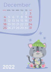 Calendar of 2022 year, December with cute gray kitty, cat in green cap with garland, falling snow, numbers isolated on blue. Vector illustration for postcard, banner, web, design, arts.