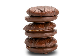 Tower of choco pie with marshmallow on white.