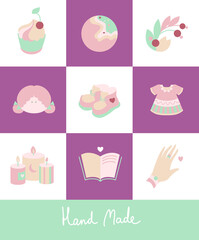 Handmade flat icons in pastel colors. A set of vector icons for your hobby. Creating handicraft in workshop
Hand made illustration.