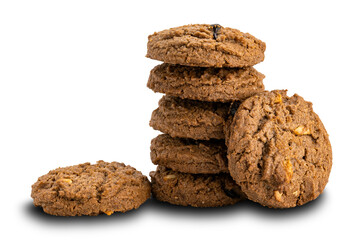 Stack of delicious chocolate chip butter cookies isolated on white background.