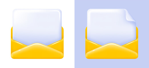 Postal yellow open envelope in 3d minimalist style with document or letter with folded corner inside. Bright icon on white and color background. Vector illustration.