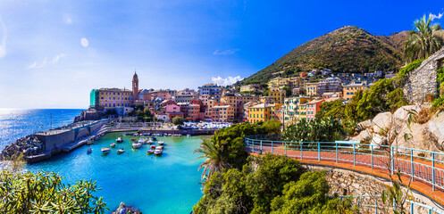 Most colorful coastal towns near Genova - beautiful Nervi village in Liguria with nice beach. Italy...