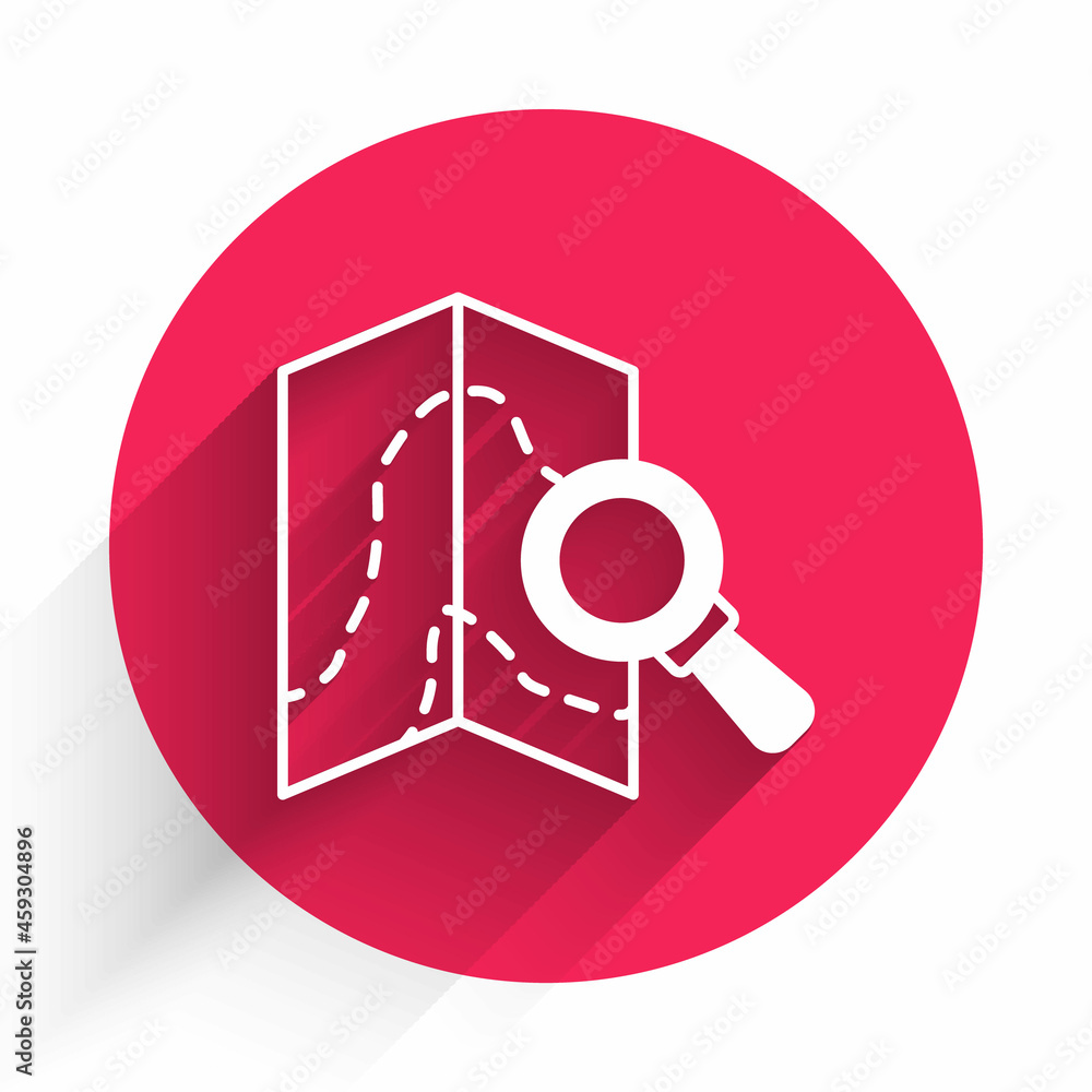 Poster White Search location icon isolated with long shadow. Magnifying glass with pointer sign. Red circle button. Vector