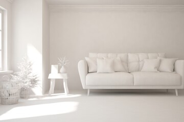 Mock up of minimalist living room in white color with sofa. Scandinavian interior design. 3D illustration