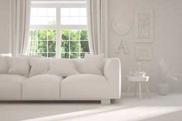 White minimalist living room with sofa. Scandinavian interior design. 3D illustration