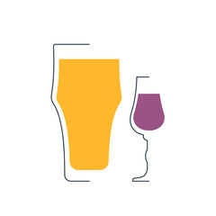 Beer and liquor glass in minimalist linear style. Contour of glassware on left side in form of fine black line. Drink is depicted in form of shape with colored fill. Isolated image on white backdrop