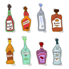 Red wine whiskey vodka rum beer vermouth liquor martini and with smile on white background. Cartoon sketch. Doodle style with black contour line. Cute hand drawn bottle. Party drinks concept. Freehand