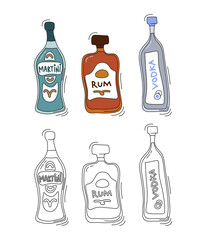 Fototapeta na wymiar Martini, rum, vodka bottle on white background. Two kinds beverage. Cartoon sketch. Doodle style with black contour line. Colored hand drawn object. Party drinks concept. Freehand drawing style