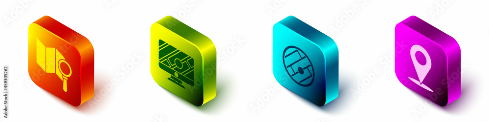 Poster set isometric search location, monitor with location marker, folded map with location and location i
