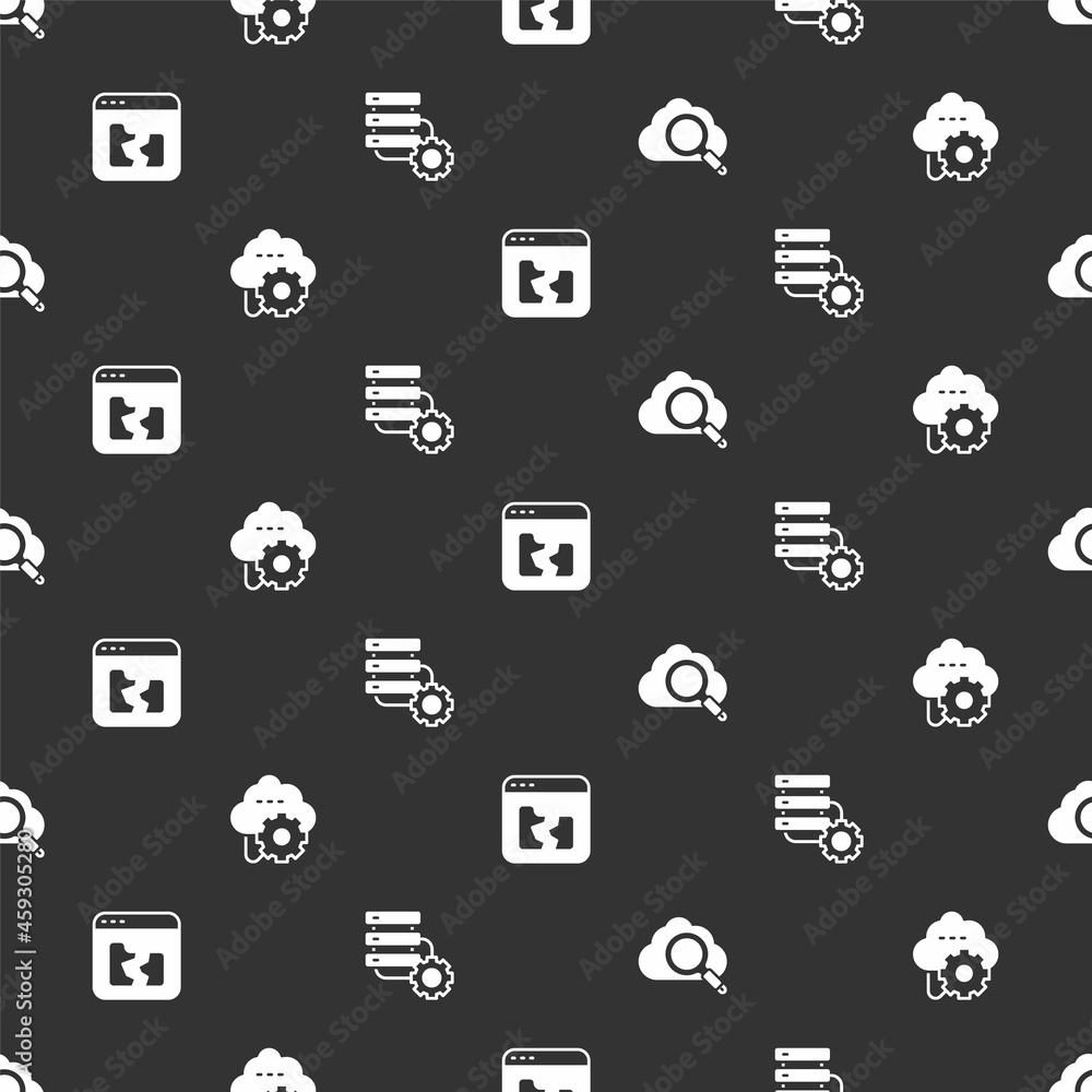 Poster Set Search cloud computing, Cloud technology data transfer, Broken file and Server and gear on seamless pattern. Vector