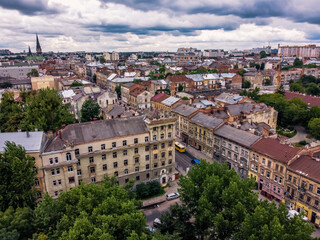 Naklejka na ściany i meble Lviv panorama Horodotskia street cloudy day Ukraine
