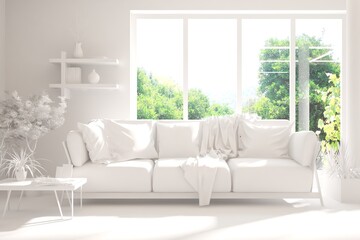 Mock up of stylish room in white color with sofa and green landscape in window. Scandinavian interior design. 3D illustration