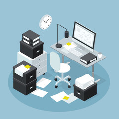 Isometric Office Workplace Papers Illustration