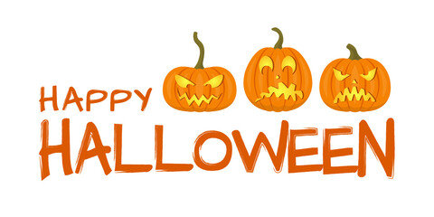 Happy Halloween text with scary pumpkins for party banner or background, greeting, invitation card design. Vector illustration.