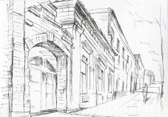 old building with an arch on the street sketch  - 459306604