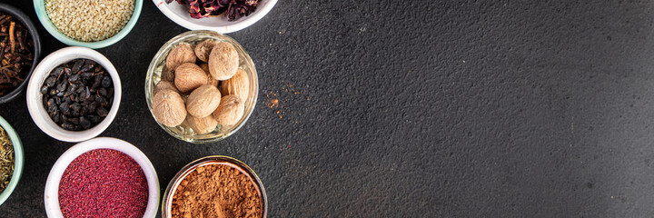 spices mix seasoning different types pungent and spicy herbs, ground spice fresh portion ready to eat meal snack on the table copy space food background rustic 