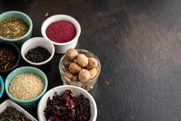 spices mix seasoning different types pungent and spicy herbs, ground spice fresh portion ready to eat meal snack on the table copy space food background rustic 