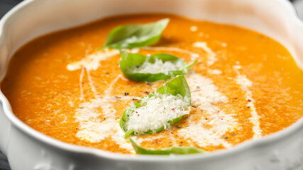 Creamy tomato soup with parmesan and basil leaves served in vintage china dish