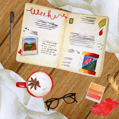 Autumn flat lay with a workplace. Watercolor autumn diary, black rimmed glasses, color painting, spiced coffee, drapery.
