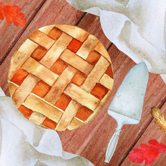Apple pie with pie spatula top view. Watercolor flat lay with autumn pie on a wooden table.
