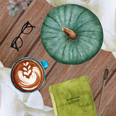 Watercolor autumn flat lay with diary and pumpkin. Workplace with green pumpkin, planner, cappuccino, glasses and pen.
