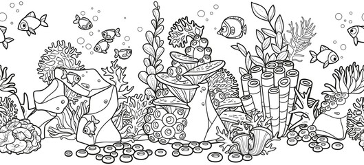 Horizontal seamless background from seabed and its inhabitants coral on stones, anemones, seaweed, fishes and sponges linear drawing for coloring page