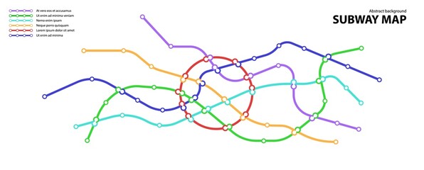 Subway map. Template of fictional town public transport scheme for underground transition road. Metro or bus abstract traffic pattern with circular color routes. Vector card illustration for design.