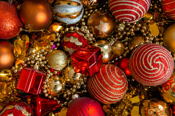 Christmas balls in red. a lot of New Year's toys.