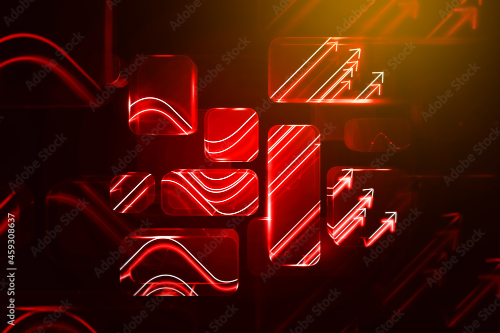 Poster red digital interface with hologram with rising arrows