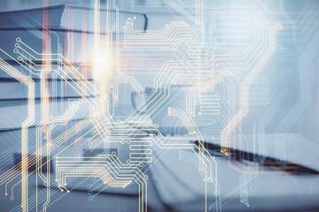 Double exposure of map drawing and desktop with coffee and items on table background. Concept of global data.