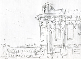 old art deco building on the street sketch  - 459308894
