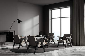 Conversation seating arrangement idea: modern grey living room. Corner view.