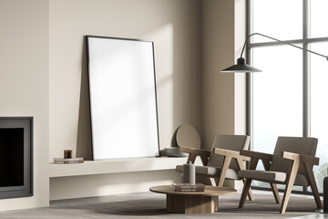 Standing canvas on shelf next to beige living room wall