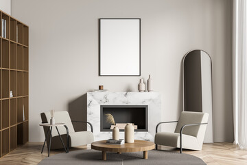 Living room interior with empty white poster, two armchairs