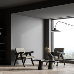 Corner of panoramic grey living room seating