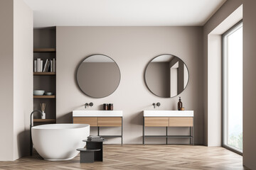 Modern panoramic white and beige bathroom with two vanities