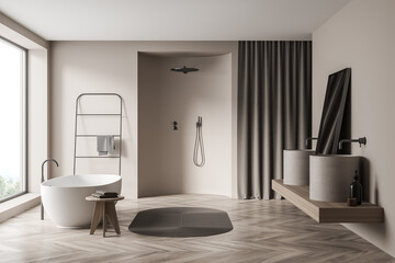 Fototapeta na wymiar Bright bathroom interior with bathtub, shower, sink, mirror, panoramic window