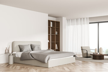 Fototapeta premium Bright bedroom interior with panoramic window, armchair, large bed