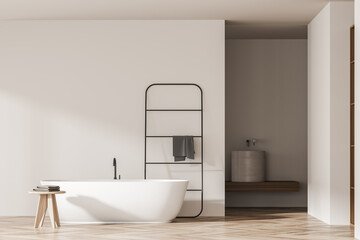 Fototapeta na wymiar Bright bathroom interior with empty wall, bathtub, towel, sink
