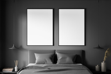 Two empty bedroom canvases with dark grey bed headboard