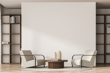 Bright living room interior with empty white wall, two armchairs
