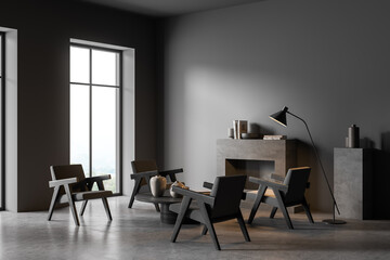 Dark grey living room. Conversation seating arrangement idea.