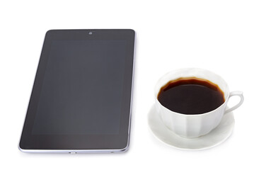 Fototapeta na wymiar Digital tablet and coffee cup isolated on white