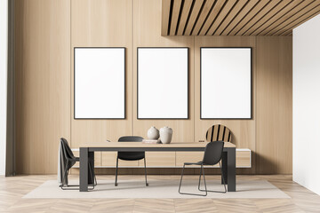 Three empty canvases in modern wooden living room with dining table