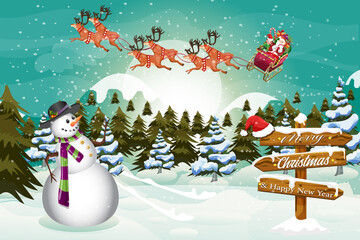 
Merry Christmas Happy new year cartoon greeting card Santa Claus winter village 